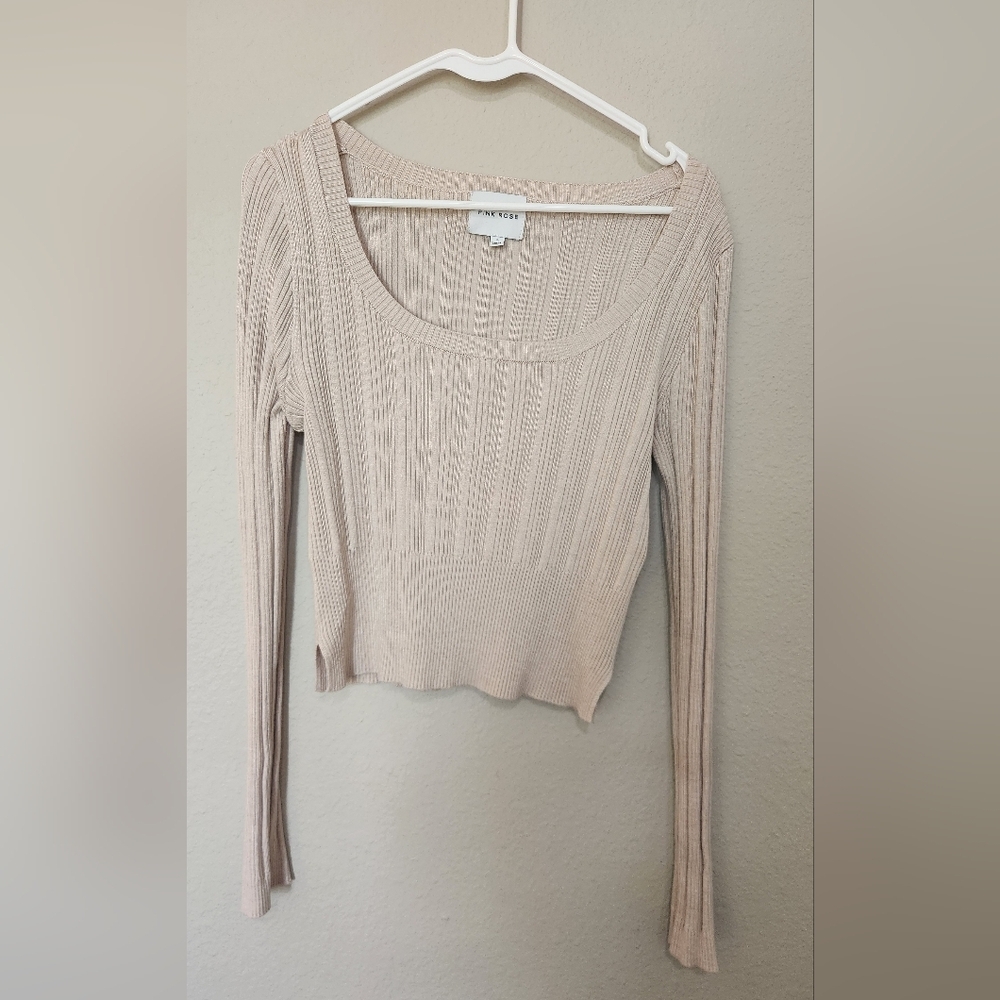Tan Long Sleeve Ribbed Crop Top Size Large